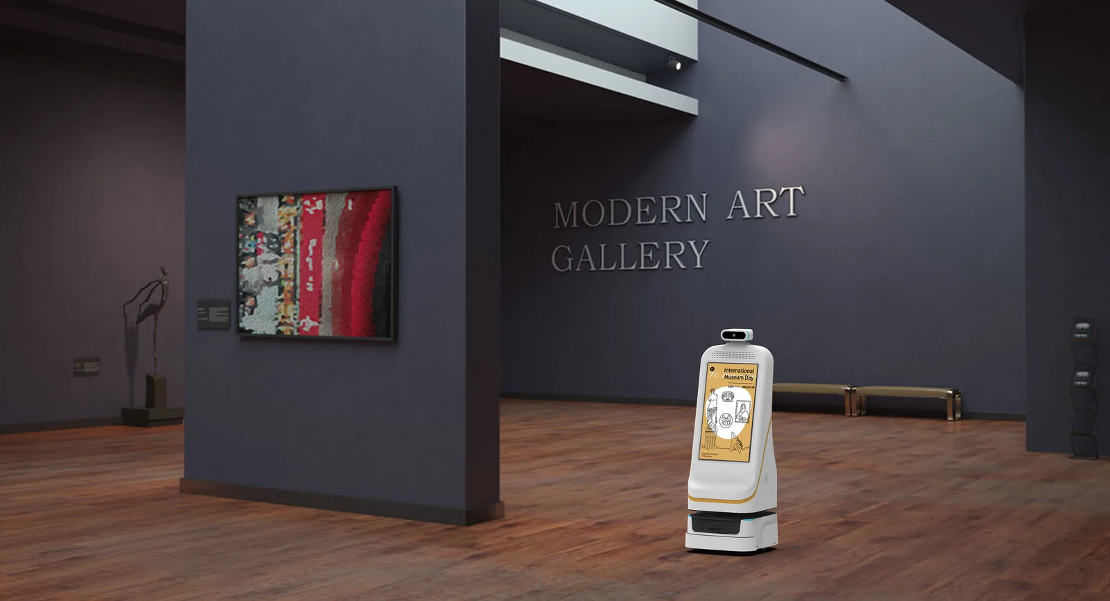 Peggy companion and greeting robot in a modern art gallery — wayfinding, visitor engagement and digital signage for nursing homes and care facilities